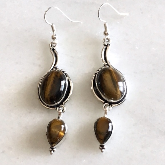 New Tiger’s Eye Gemstone Crystal Dangle Hook Silver Earrings - Picture 4 of 8
